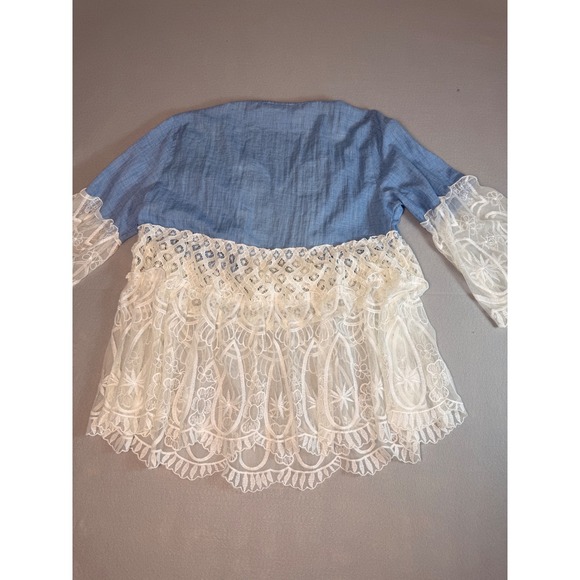 John Mark Women Blue Lace Peplum Boho Top Cowrie Shell Beaded V-Neck L - Picture 4 of 8